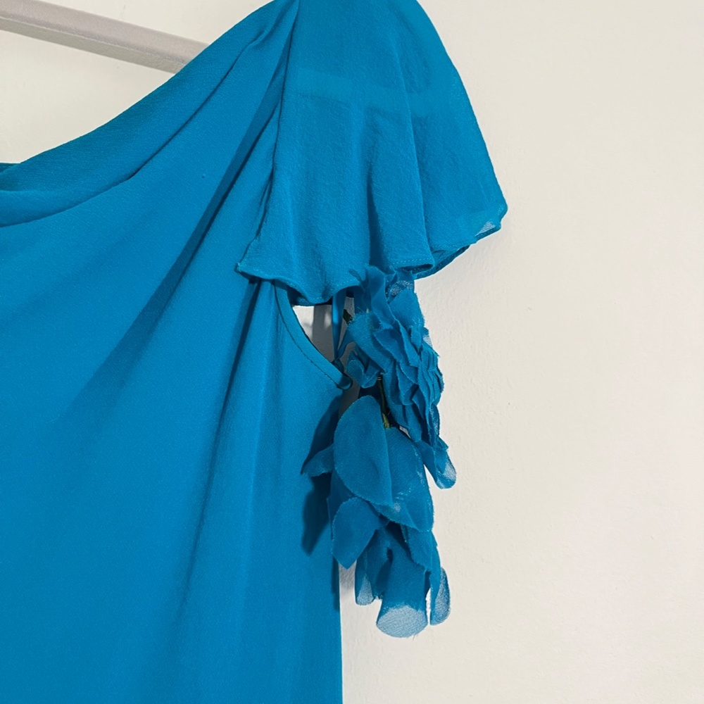 SPENSER JEREMY Gorgeous Teal Flutter Sleeve Cowl Neck 100% Silk Midi Dress Sz 6 - Picture 9 of 14